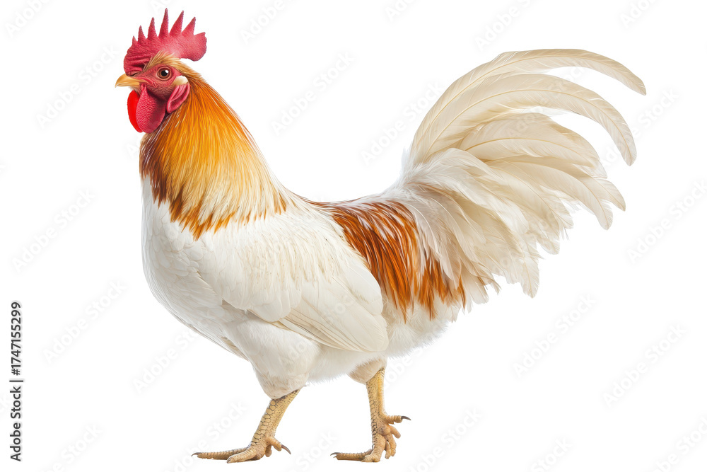 Fototapeta premium Colorful rooster displaying feathers and vibrant colors in a sunny farmyard setting with clear skies during morning hours