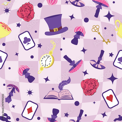 Wonderland pattern elements roses, rabbit, Cheshire cat, flamingo cards hat cup and mushrooms and clock