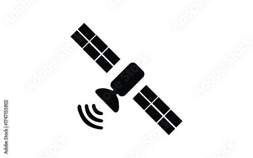 Black silhouette of a satellite transmitting signals isolated on white background
