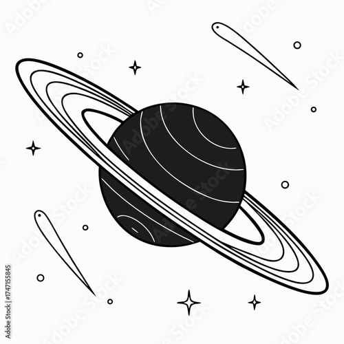 Black planet with rings and celestial bodies on white