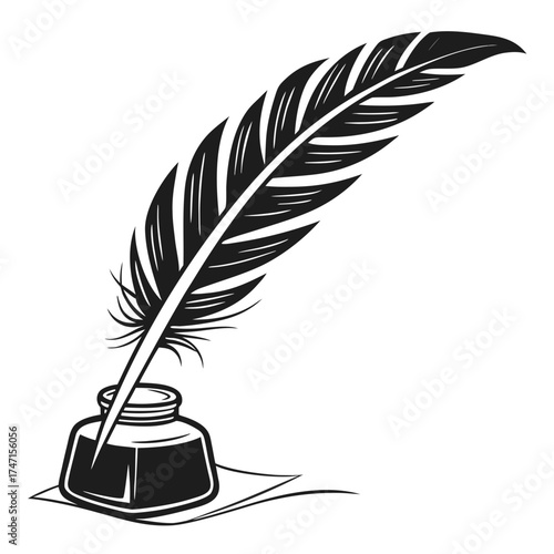 Black quill feather in ink pot on white background 1