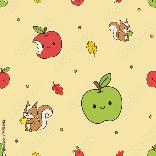 Seamless pattern of apples and squirrels in autumn.