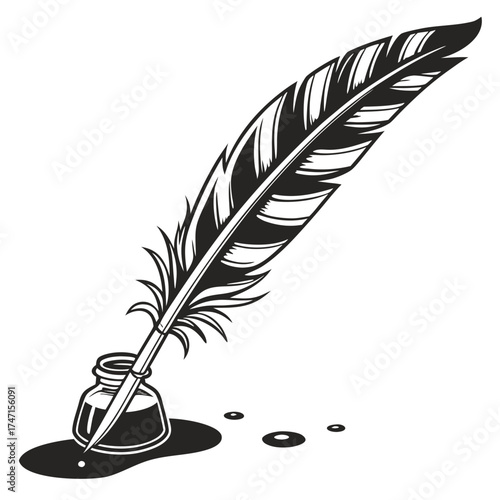 Black quill pen in inkwell with ink drops white background