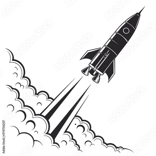 Black rocket blasting off with smoke trails and clouds