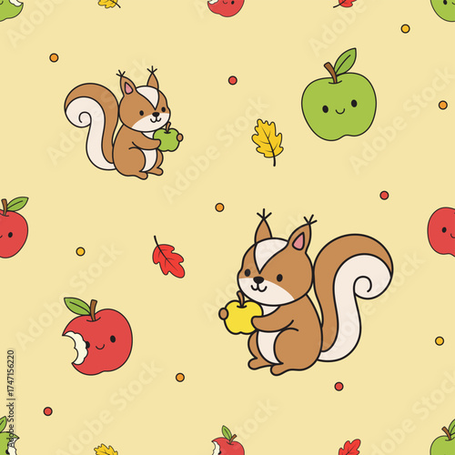 Seamless pattern of apples and squirrels in autumn.