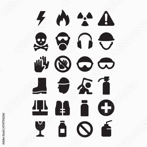 Collection of black safety and hazard warning icons representing danger and protection in a grid layout