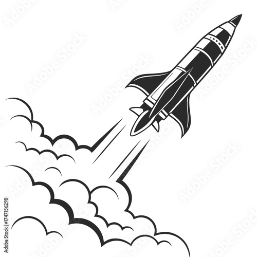 Black rocket launching upward with smoke trails space 1