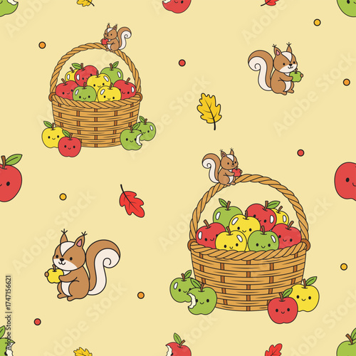 A round woven wicker basket overflowing with apples and fallen leaves. seamless pattern
