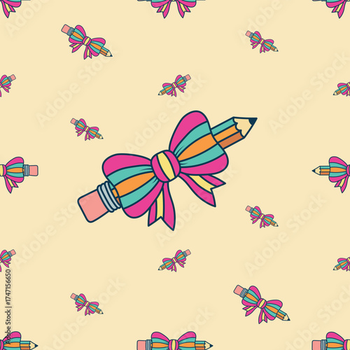 seamless pattern. Line drawing, pencil drawing, decorated with bows, bright colors.