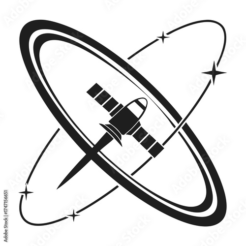 Black satellite in orbit with starbursts and rings