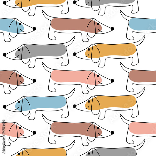 Seamless pattern with cute dogs.
Funny smiling dachshund puppy. Vector repeating ornament