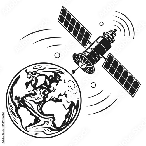 Black satellite orbiting stylized planet on white background