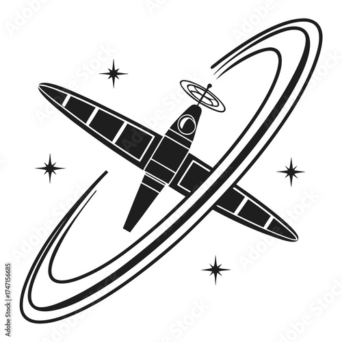 Black satellite orbiting with stars and rings graphic