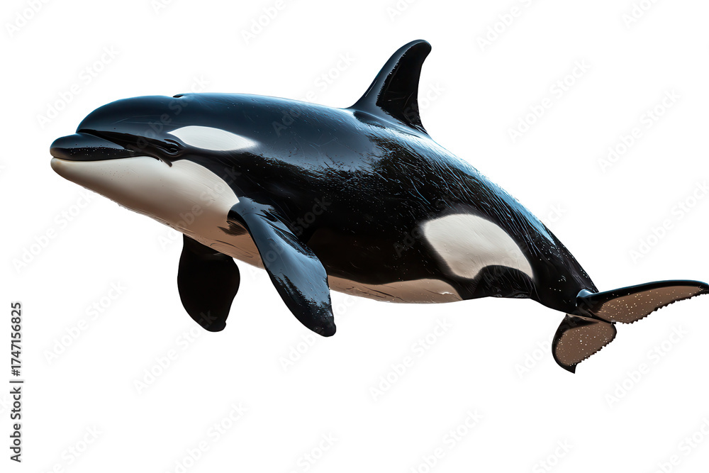 Obraz premium Close up view of an orca whale displaying smooth black and white skin, swimming gracefully in clear water during daylight hours