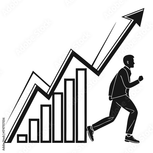 Black silhouette man running up rising graph arrow white background