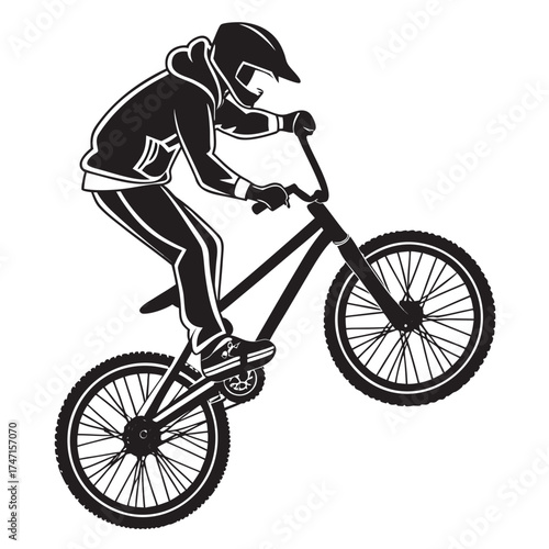 Black silhouette of a cyclist on a bicycle black and white