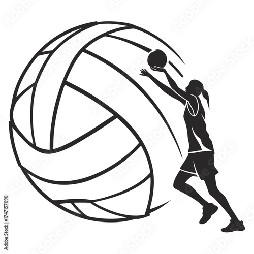 Black silhouette of a female volleyball player hitting a ball
