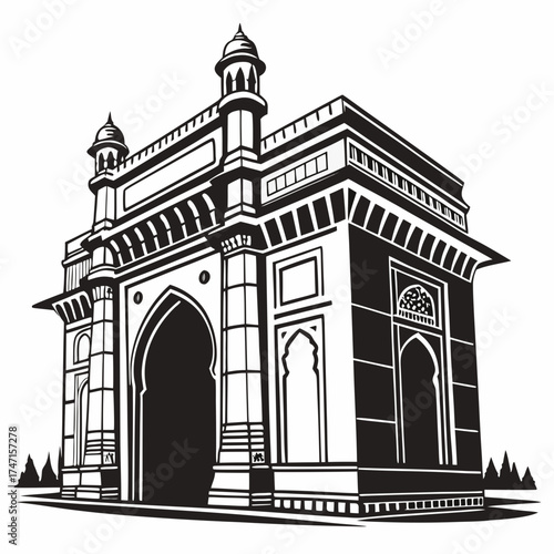 Black silhouette of Gateway of India monument on white