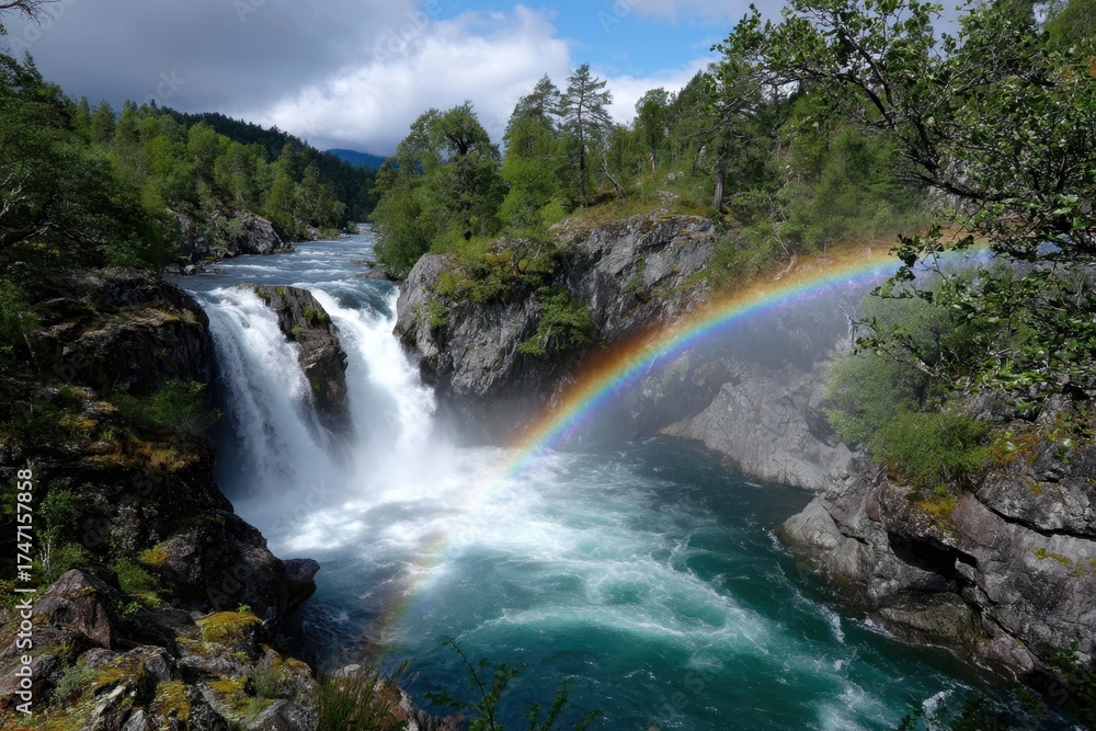Fototapeta premium Waterfall cascades with vibrant rainbow in serene forest landscape