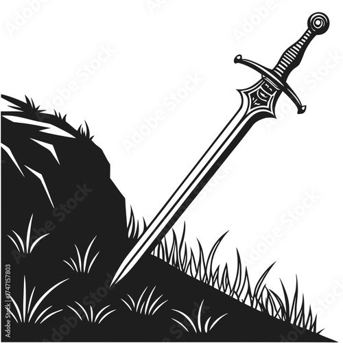 Black sword stuck in grassy hill silhouette vector