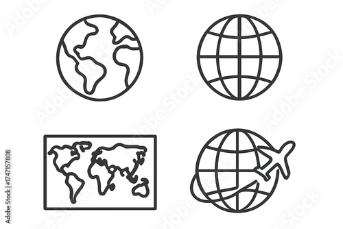 Globe and world map icon set in thin line style. Planet Earth, global travel, and international flight concept. Vector icons for web, geography, connection and communication.