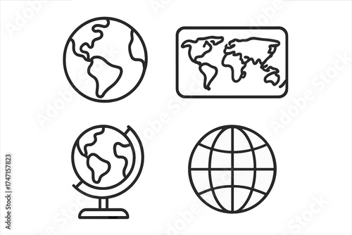 Globe & world map vector icon set. Line art illustration of planet Earth, geography, global travel, & internet symbols. Simple outline pictograms for web and infographics.