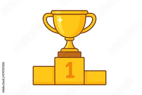 Golden trophy cup on winner pedestal for first place. Shiny gold award for victory. Champion prize for success in competition. Flat cartoon vector illustration isolated on white.