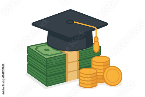 Graduation cap on money stack. Concept of education costs, student loans, tuition fees. College savings and investment in higher learning. Financial planning for university.