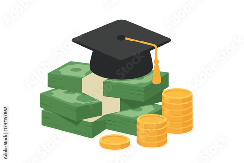 Graduation cap on pile of money and coins. Concept of education costs. Spending education money investment. Study cash. Tuition fees. Student loan debt. Scholarship vector.