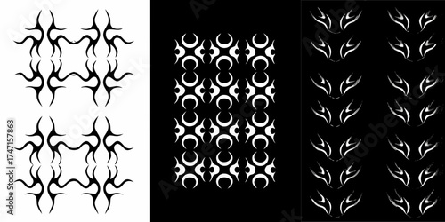 Collection of abstract black and white tribal tattoo designs and patterns for graphic design