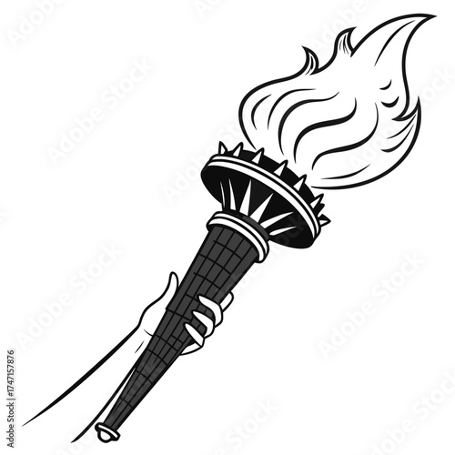 Black torch with flame held by hand white background