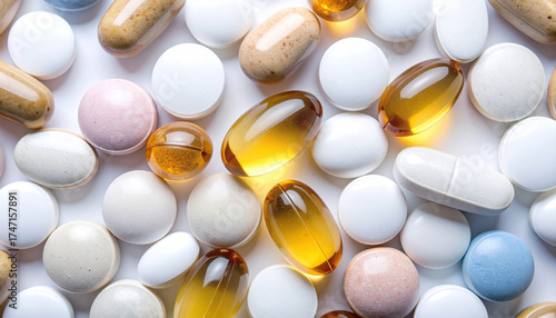Immunity Boost: Bright Macro Mix of Vitamin Softgels and Pills for Winter Wellness and Seasonal Health Support