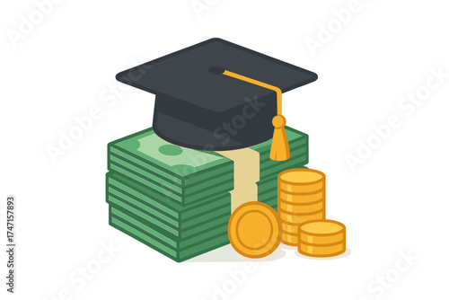 Education cost concept with graduation cap on money pile. Student loan debt and tuition fees. Financial investment in university, college savings and scholarship fund vector.