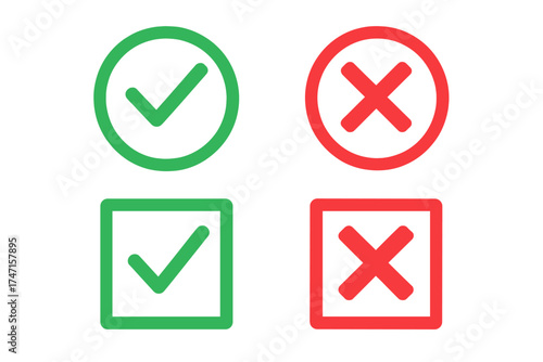 Green check mark and red cross icon set. Yes and no signs. Tick and x symbols in circle and square shapes for vote, decision, and web buttons. Right and wrong choice marks.