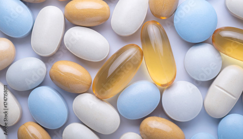 Colorful Assortment of Pills and Soft Gels: Bright Macro View of Vitamins, Supplements, and Medication for Daily Health