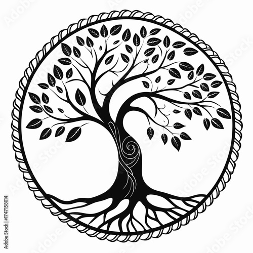 Black tree of life with ornate circle border white