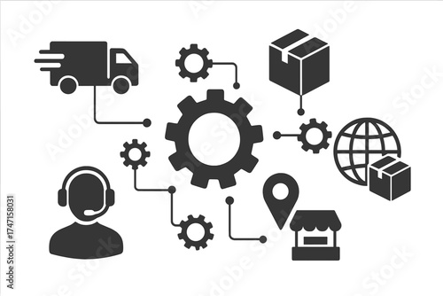 Logistic supply chain management concept. Global distribution, delivery, shipping, transport network. E-commerce fulfillment process with automation, customer service, and market.