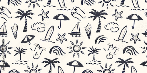 Seamless hand drawn summer beach vacation pattern with palm trees sun surfboards and umbrellas
