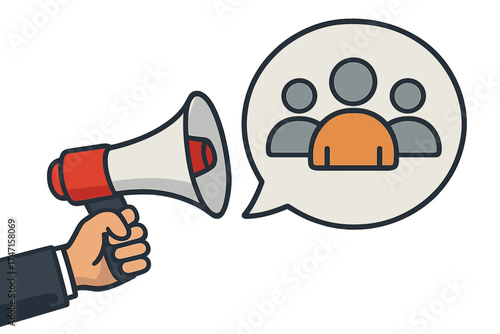 Male hand holding megaphone with referrals speech bubble. Loudspeaker for business, marketing, and advertising. Customer acquisition, affiliate program, and network marketing.