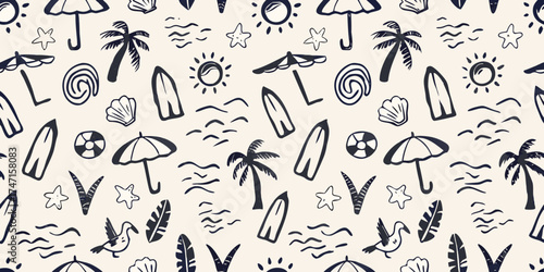 Whimsical hand drawn summer beach vacation pattern with palm trees surfboards umbrellas and seashells