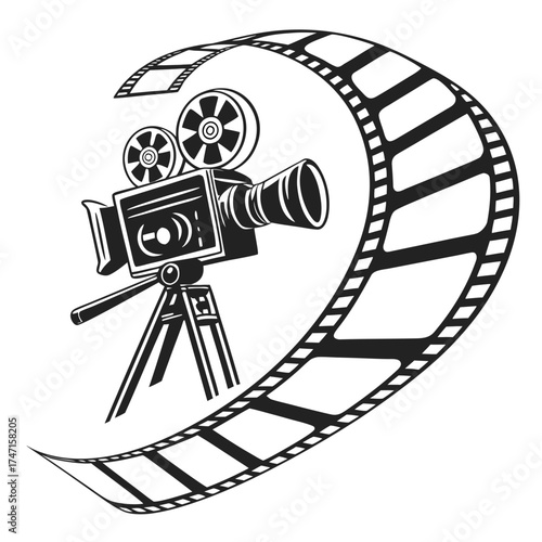 Black vintage film camera and film reel graphic vintage camera