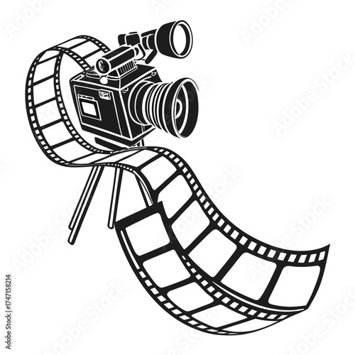 Black video camera with film reel on tripod cinema
