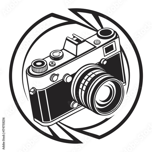 Black vintage camera graphic on white background photography