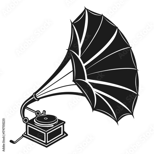 Black vintage gramophone silhouette on white background