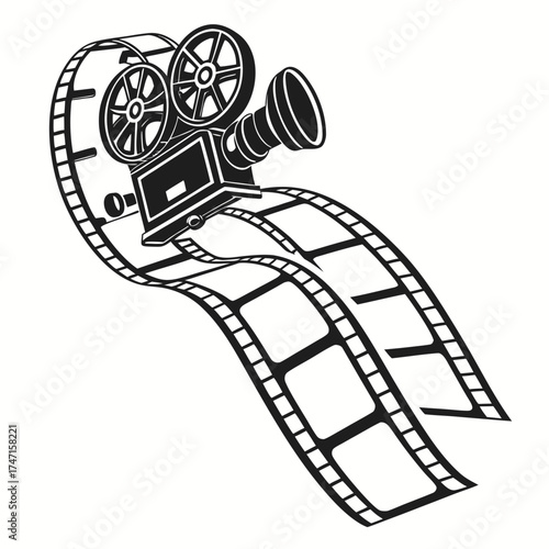 Black vintage film camera and film reel logo vintage camera