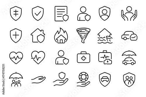 Insurance icon set. Line icons for web and mobile. Health, life, car, property, business, family insurance. Protection, policy, safety, help and support vector symbols.