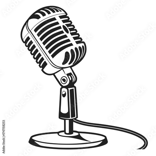 Black vintage microphone silhouette on white background