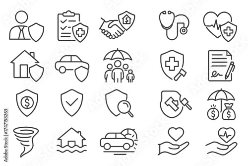Insurance icons line set. Vector collection of business, health, life, car, home, and property protection symbols. Policy, safety, disaster, flood, tornado, and family care concepts.