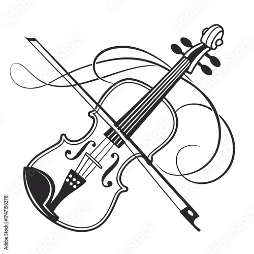 Black violin and bow abstract line art musical instrument 1