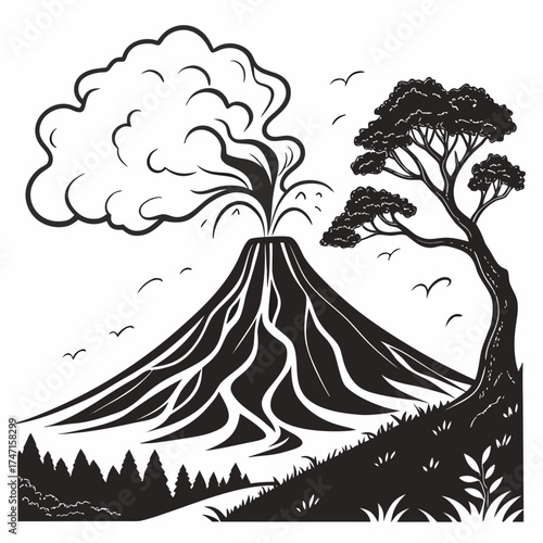Black volcano erupting with smoke and a tree eruption